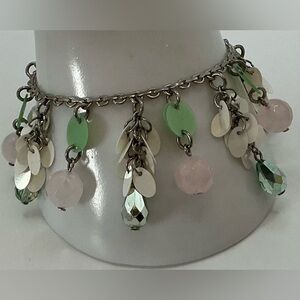 SILVERTONE GREEN PINK WHITE SEQUENCE BEADED CHARM BRACELET